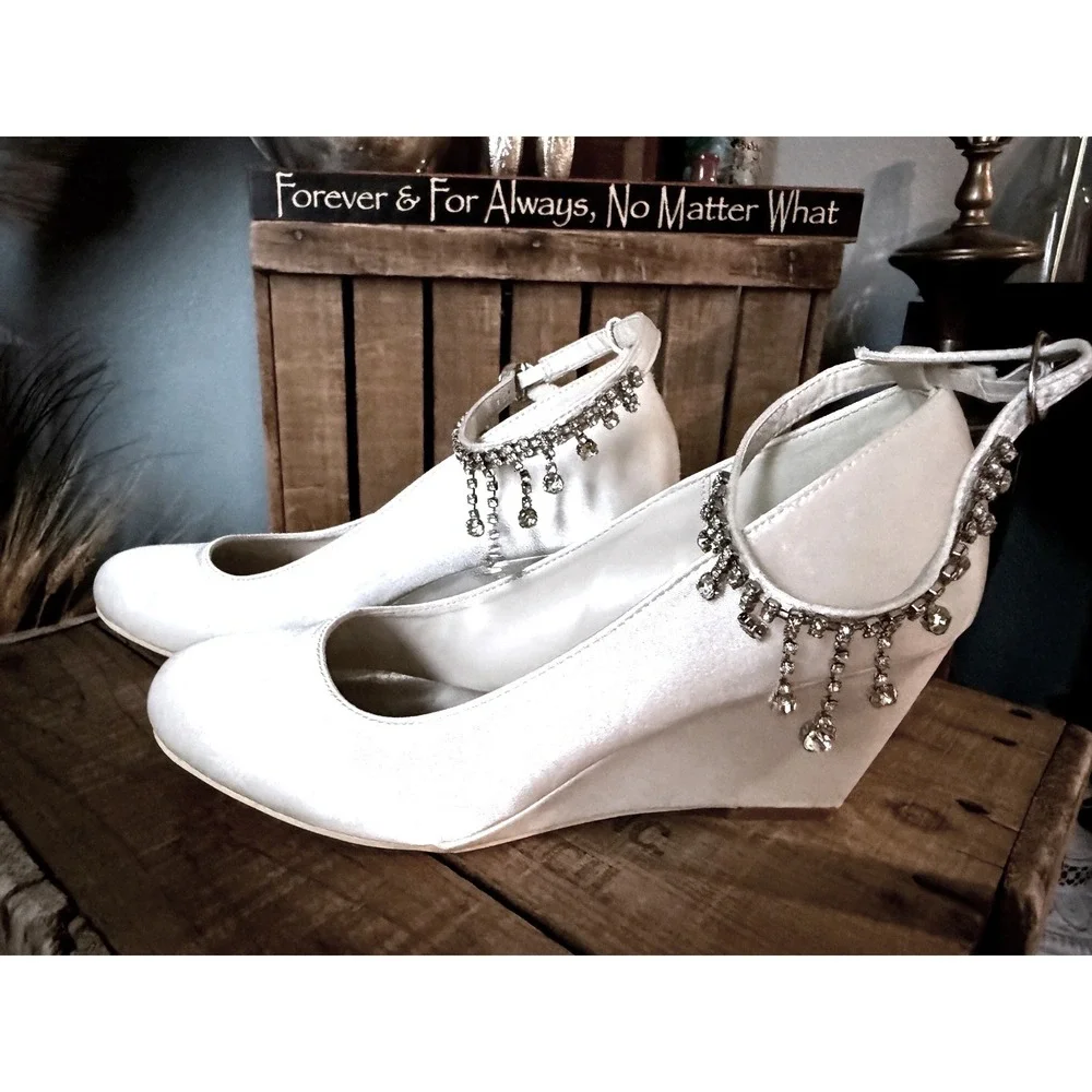 Ivory Bridal Wedges Crystal Rhinestone Anklet Strap Jeweled Wedding Heels 3in